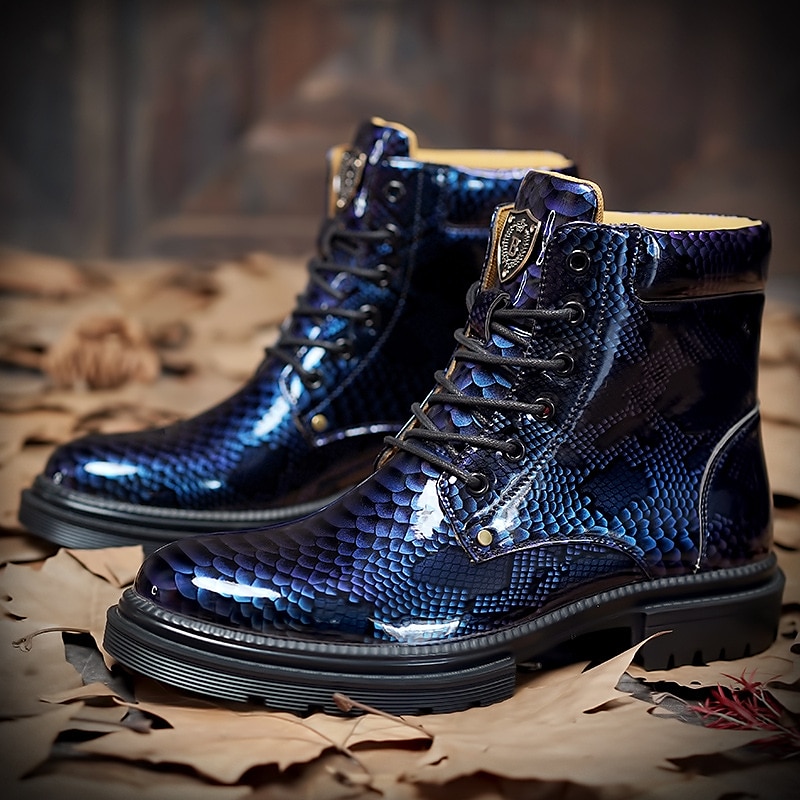 Men's Blue Python-Print Patent Leather Ankle Boots with Lace-Up Design - Bold High-Shine Boots for Fashion-Forward Casual and Night Out Looks