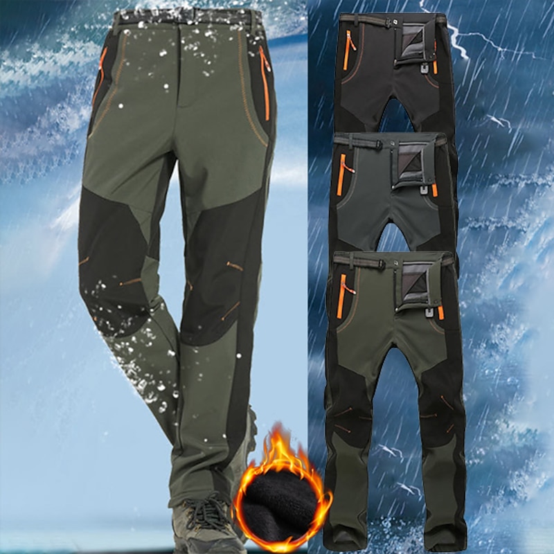 Men's Fleece Lined Pants Waterproof Hiking Pants Trousers Softshell Pants Winter Outdoor Thermal Warm Windproof Fleece Lining Pants / Trousers Bottoms Army Green Gray Black Hunting Fishing Climbing