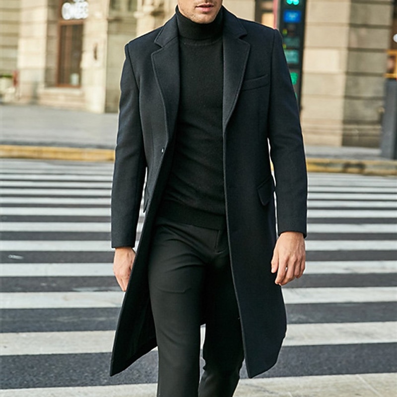 Men's Winter Coat Overcoat Office / Career Business Fall Winter Polyester Windproof Warm Outerwear Clothing Apparel Chic & Modern Glamorous & Dramatic non-printing Pure Color Pocket Turndown Single3