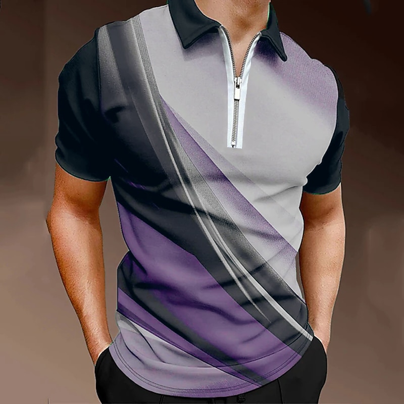 Men's Geometric Zip Polo Shirts Golf Shirt Short Sleeve Polo Shirts Collared Shirts Business Casual Vacation Wear Formal Wear Festival Wear 3D Print Quarter Zip Polo Black / Gray Blue Purple3