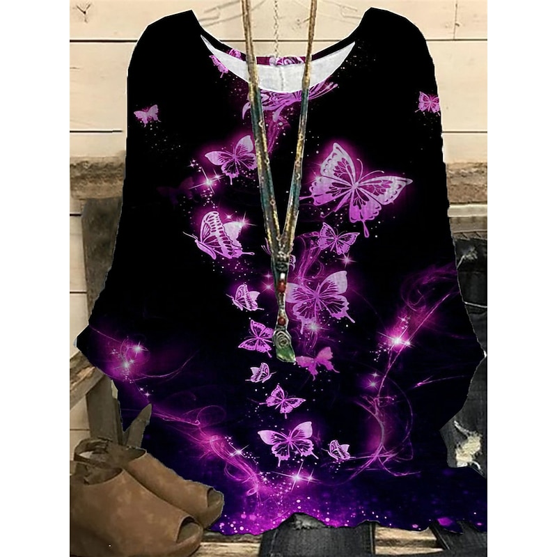 Women's Plus Size Blouse Casual Butterfly Print Regular Tops Vacation Daily Going out Pink Lavender Purple Dark Purple Spring Fall Winter3