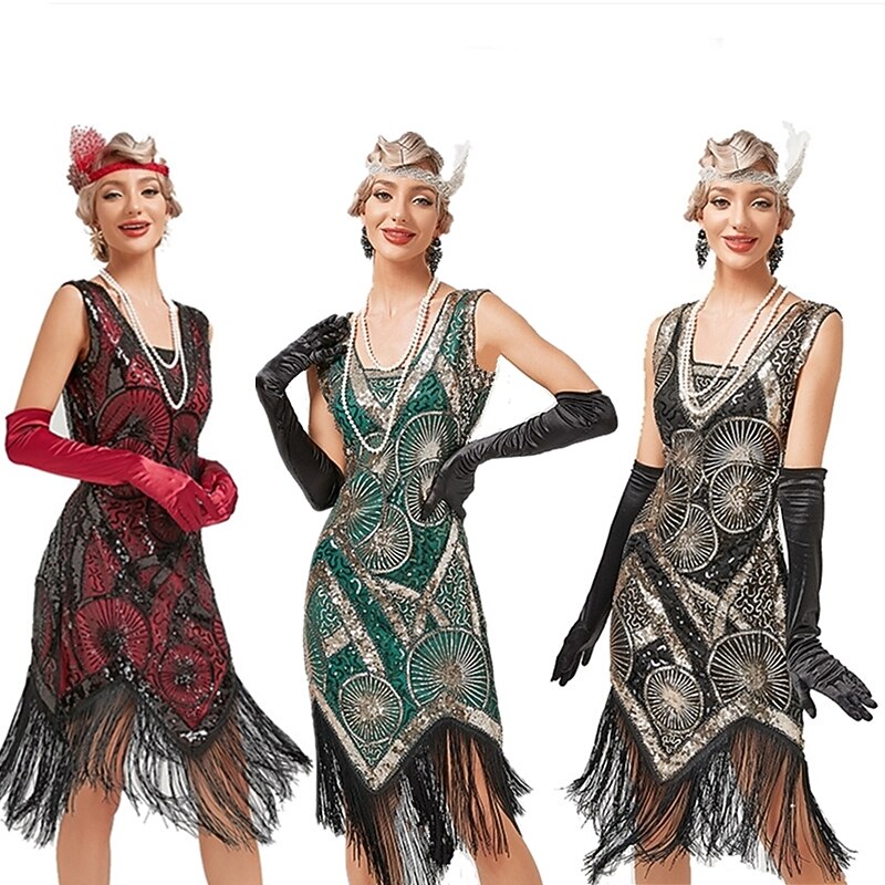 Roaring 20s The Great Gatsby Short Length Flapper Dress Dress Outfits Sleeveless The Great Gatsby Wedding Guest Sequins Tassel Fringe Sequin Tassel V Wire Fancy Dress Women's Halloween Masquerade4