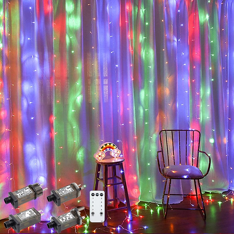 Outdoor Christmas Window Lights 3x3M-300LED Plug in 8 Modes Curtain Light 9 Colors Remote Control Window Wall Hanging Light Warm White RGB for Christmas Decorations Bedroom Wedding Party Garden Indoor2
