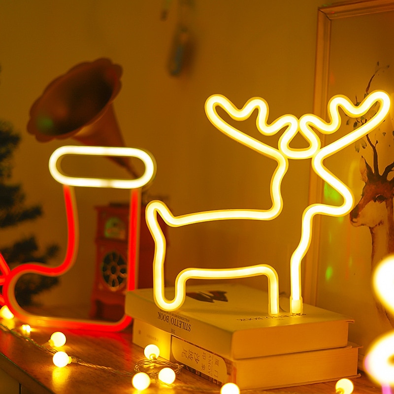 Christmas Neon Lights Decoration LED Neon Sign Light Love Deer Elk Bell Snowflake Sock Christmas Tree Shape Night Light for Weddings Party