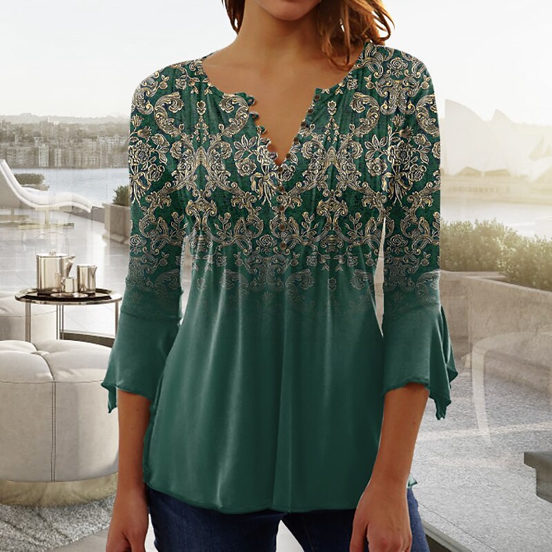 Women's T shirt Long Sleeve Henley T Shirt Blouse Floral Vintage Basic 3/4 Length Sleeve Round Neck Regular Tops Casual Weekend Buttons Print Blue Purple Green Prefall2