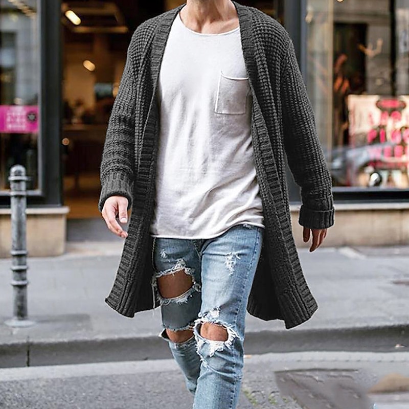 Men's Sweater Cardigan Sweater Sweater Jacket Fall Sweater Ribbed Knit Tunic Knitted Plain Hooded Fashion Warm Ups Casual Daily Wear Clothing Apparel Fall & Winter Black Blue S M L3