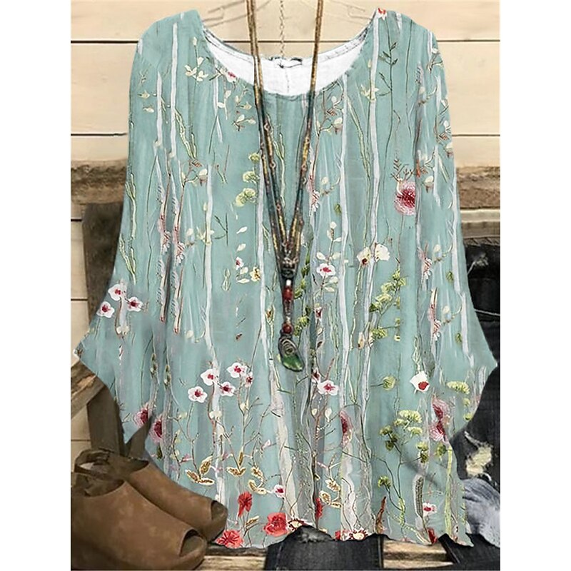 Women's Plus Size Blouse 3D Print Vintage Holiday Casual Floral Print Regular Tops Crew Neck Vacation Daily Black White Dark Green Green khaki Spring Fall Winter2