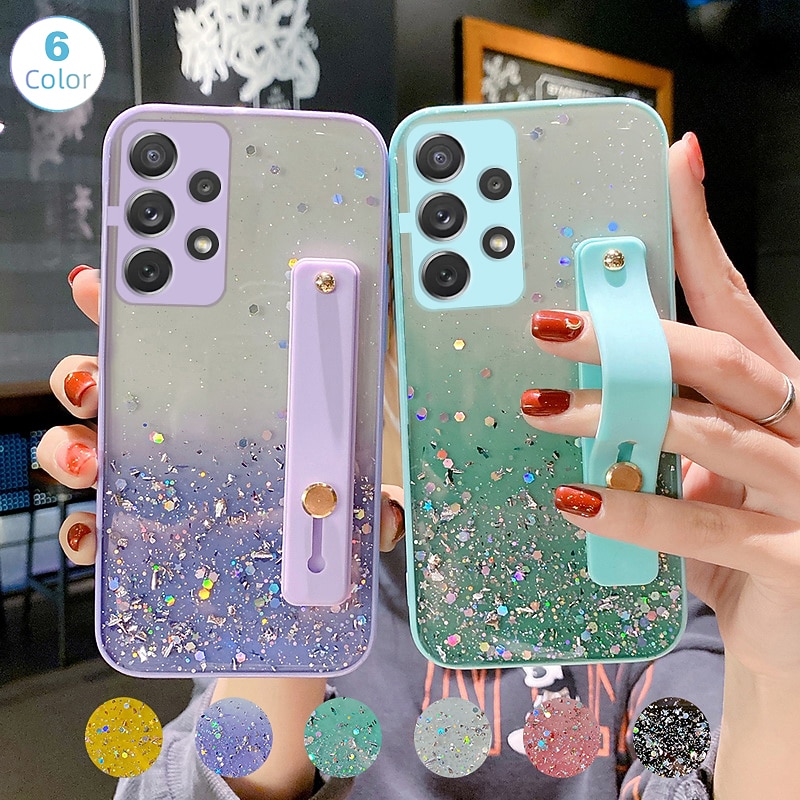 Phone Case For Samsung Galaxy S25 S23 S22 S21 FE S21 Ultra Plus A54 A32 Back Cover Full Body Protective with Wrist Strap Bling Glitter Shiny Silicone
