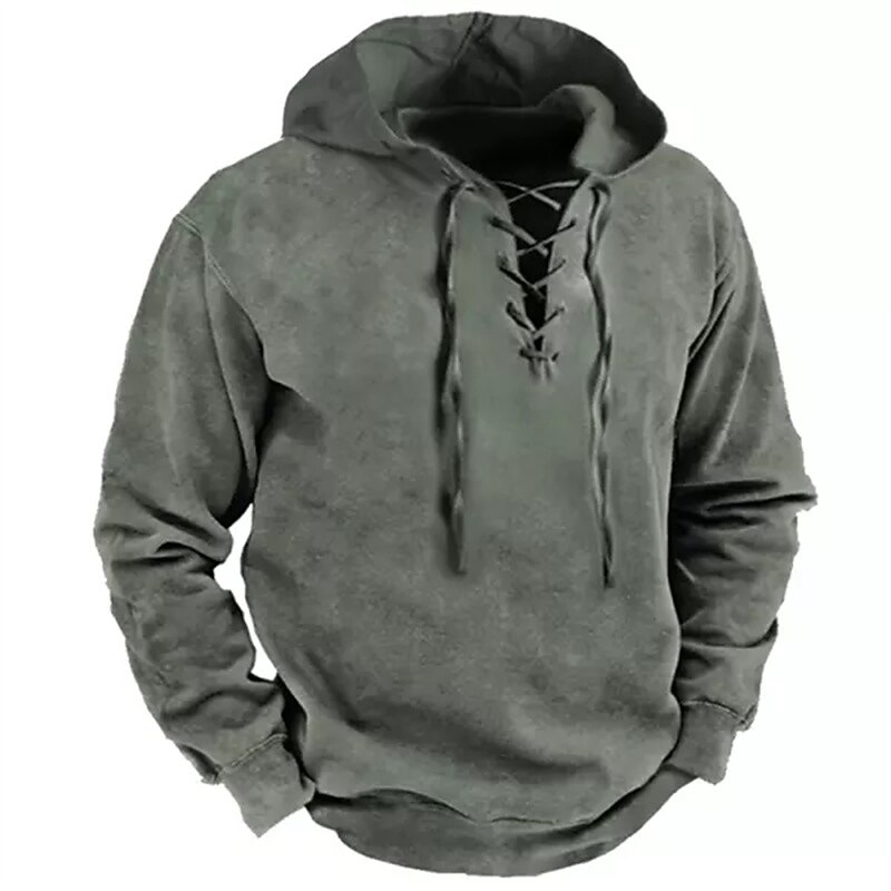 Men's Hoodie Pullover Tactical Gray Hooded Solid Color Lace up Going out Streetwear Streetwear Cool Casual Fall Winter Clothing Apparel Hoodies Sweatshirts  Long Sleeve