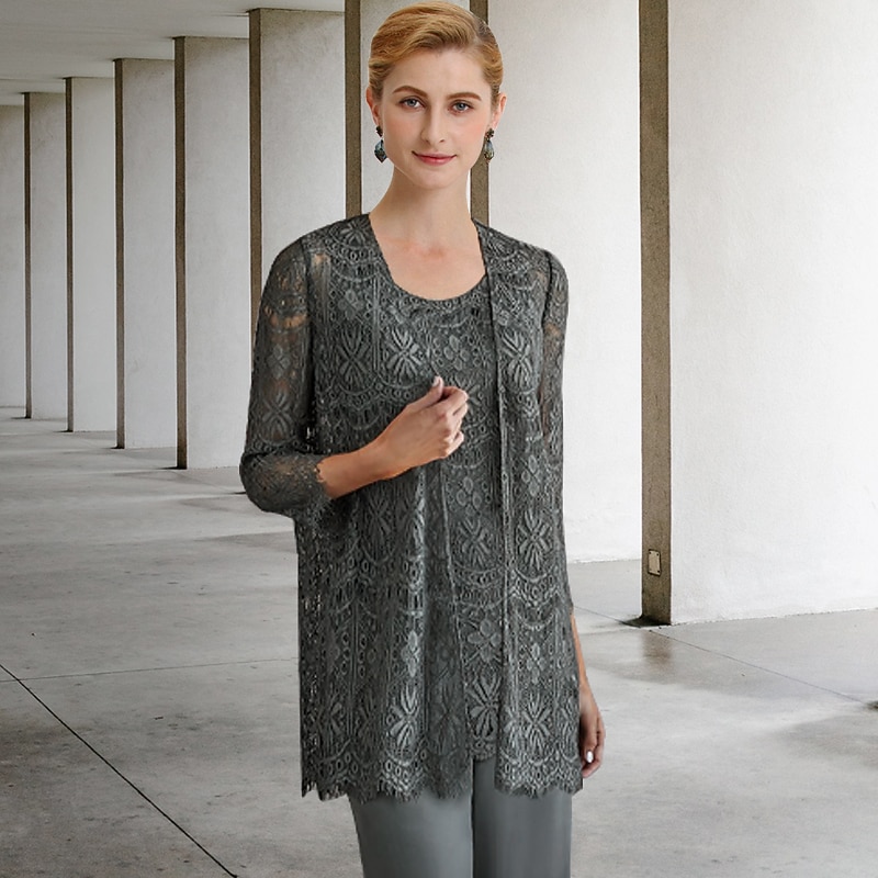 Pantsuit 3 Piece Mother of the Bride  Formal Wedding Guest Elegant Plus Size Wrap Included Jewel Neck Floor Length Chiffon Lace Sleeveless with Solid Color4