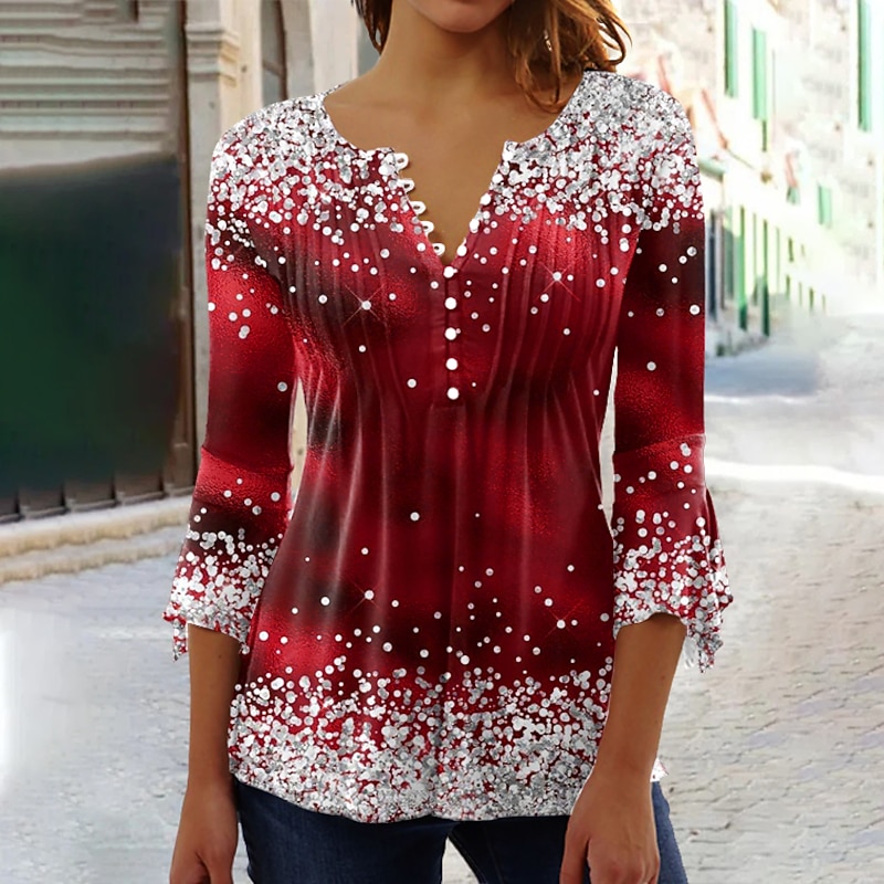 Women's T Shirt Plus Size Shirt T Shirt Henley Shirt Blouse Graphic Polka Dot Flower Basic Long Sleeve Round Neck Regular Tops Casual Weekend Buttons Print Denim Blue Grass Green Black Yellow Light4