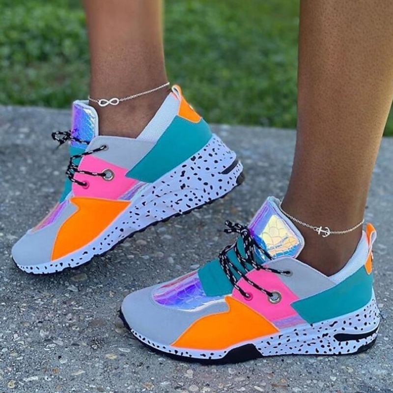 Women's Colorful Chunky Sneakers – Fashionable Lace-Up Athletic Shoes with Holographic & Neon Design, Comfortable Running Shoes for Casual Wear & Sports