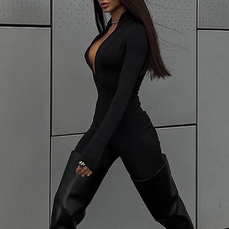 Women's Jumpsuit Workout Bodysuit Zipper Solid Color Crew Neck Active Street Sport Regular Fit Long Sleeve Brown White Black S M L Winter Gym Cold Weather2