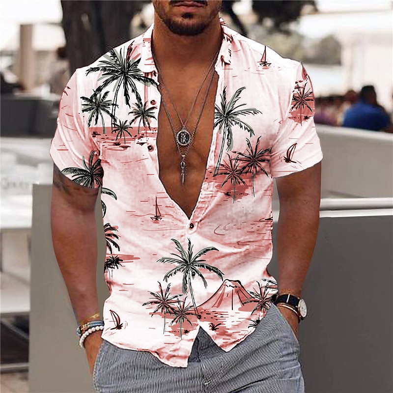 Men's Coconut Tree Aloha Shirt Summer Hawaiian Shirt Graphic Shirt Aloha Shirt Short Sleeve Shirt Turndown Outdoor Street Print Light Pink White Yellow Navy Blue Sky Blue Print Button-Down Clothing3