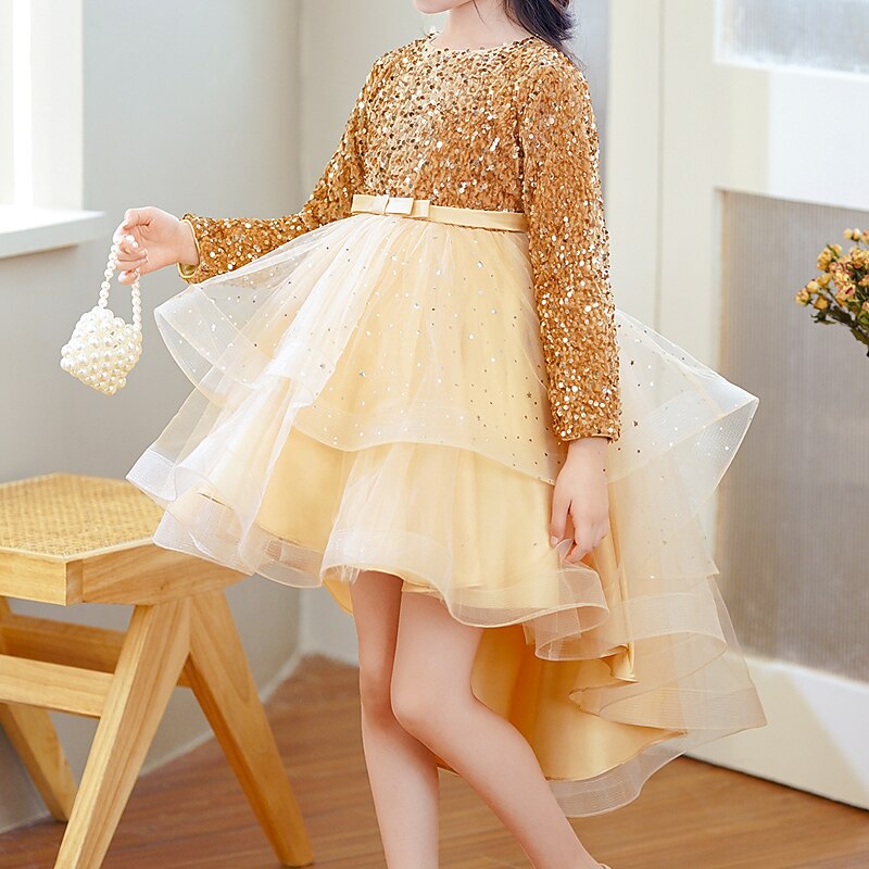 Kids Girls' Dress Sequin Long Sleeve Party Sequins Princess Sweet Polyester Midi Spring Fall 4-13 Years Red Gold4