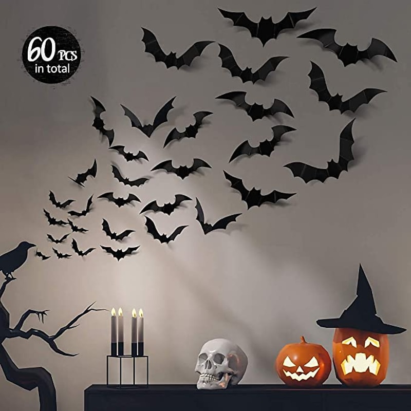 60PCS Halloween Party Supplies PVC 3D Decoration Realistic Horror Bat Spider Wall Accent, DIY Halloween Decoration Home Interior Window Decoration Set (Balck)