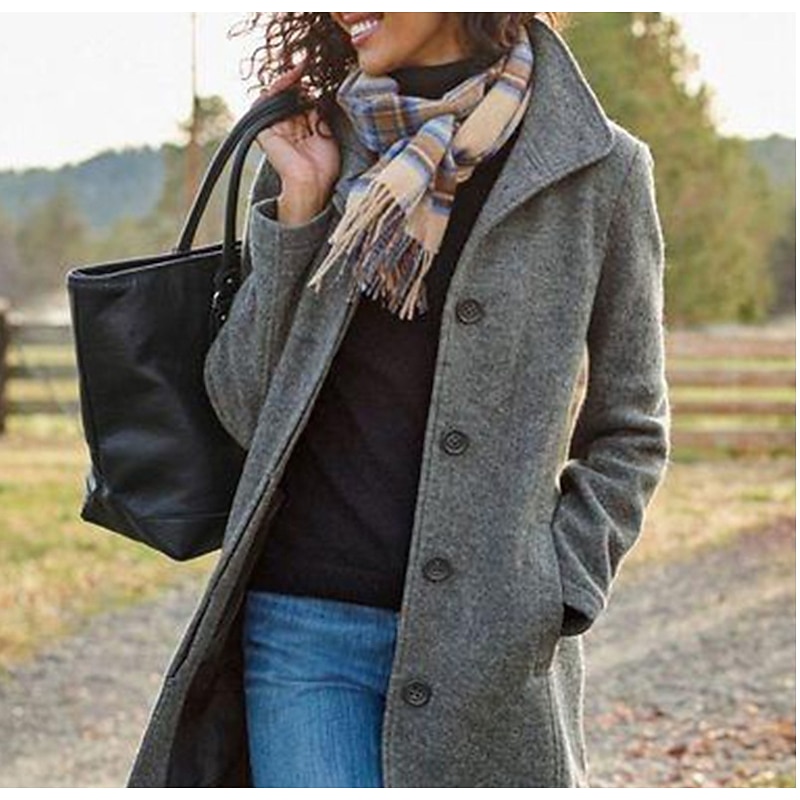 Women's Wool Coat Fall Pea Coat Winter Warm Overcoat Casual Daily Street Style Smocked Single Breasted Turndown Green Dark Grey Regular Fit S M L XL XXL 3XL / Windproof3