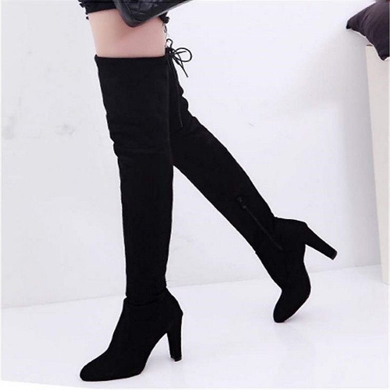 Women's Red Suede Thigh-High Boots with Lace-Up Detail – Stylish Stiletto Heel Boots for Night Out and Fashionable Occasions3