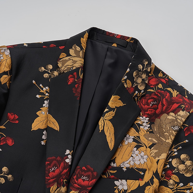 Men's Blazer Notch Collar Fashion Party Floral Black Standard Fit Single Breasted One-button3