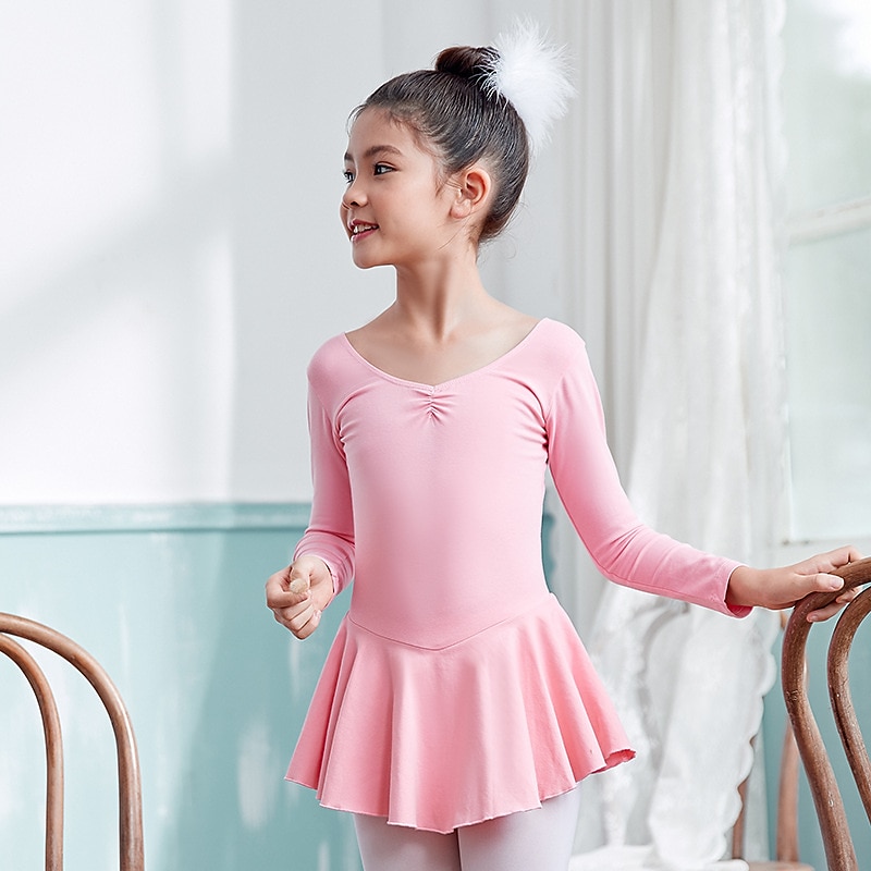 Kids' Dancewear Ballet Dress Pure Color Splicing Girls' Performance Training Long Sleeve High Cotton Blend2