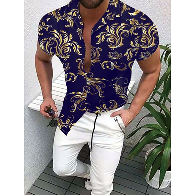 Men's Shirt Button Up Shirt Short Sleeve Designer Beach Casual Going out Spring & Summer Off Shoulder 3D Print Red Blue Gold3