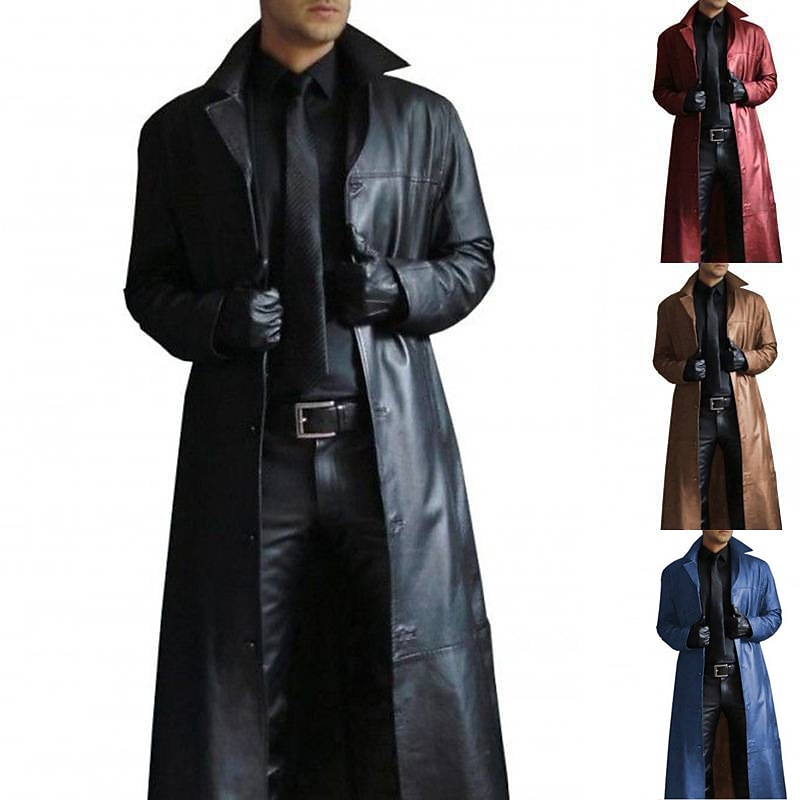 Men's Faux Leather Jacket Long Trench Coat Fall Winter Faux Leather Windproof Outerwear Clothing Apparel Vintage Pocket Lapel Single Breasted