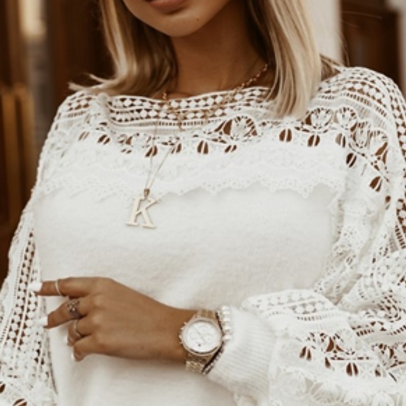 Women's Pullover Sweater Jumper Casual Solid Color Floral Crochet Crew Neck Lace Trims Long Sleeve Cropped Knit Daily Holiday White Fall Winter2