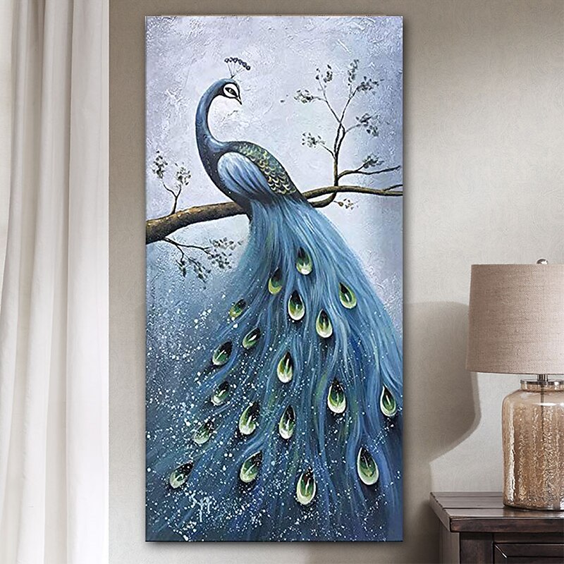 Handmade 3D Oil Painting Hand Painted Vertical Floral / Botanical Contemporary Modern Stretched Canvas Peacock