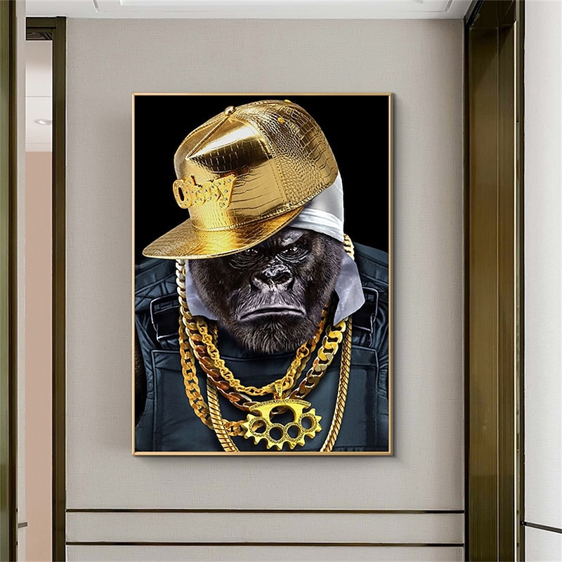 1 Panel Animal Prints Gorilla Wearing Gold Chain Modern Wall Art Wall Hanging Gift Home Decoration Rolled Canvas Unframed Unstretched Painting Core
