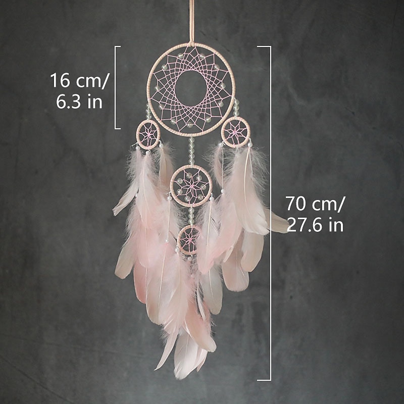 Dream Catcher Handmade Gift  with 5 Circles Feather Bead Flower Wall Hanging Decor Art Boho Style 16*70cm