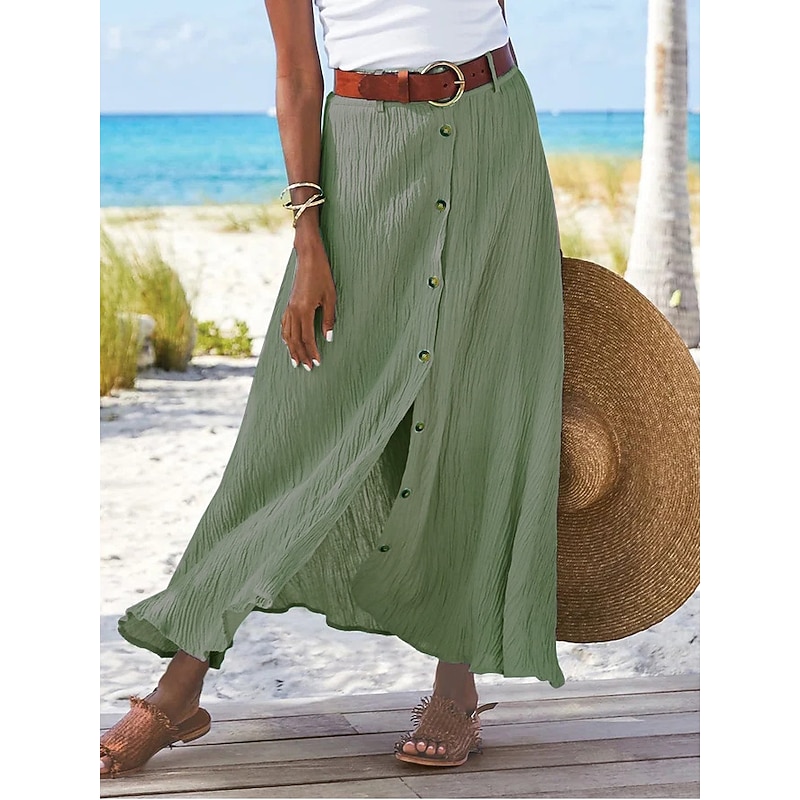 Women's Skirt Long Skirt Linen Skirts Straight Fashion coastal grandma style Summer Maxi Skirts Solid Colored Split Vacation Office / Career Black White Navy Blue Orange Autumn / Fall Polyester