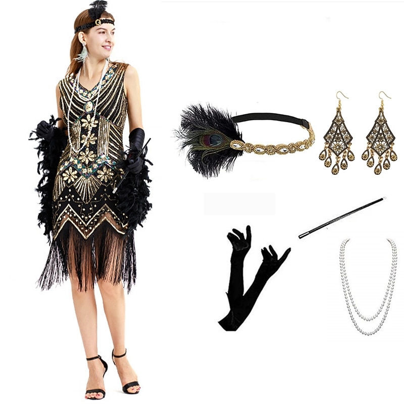 Roaring 20s Vintage Inspired The Great Gatsby Short Length Flapper Dress Dress Outfits Sleeveless The Great Gatsby Wedding Guest Sequins Tassel Fringe Sequin V Neck Fancy Dress Women's Halloween4