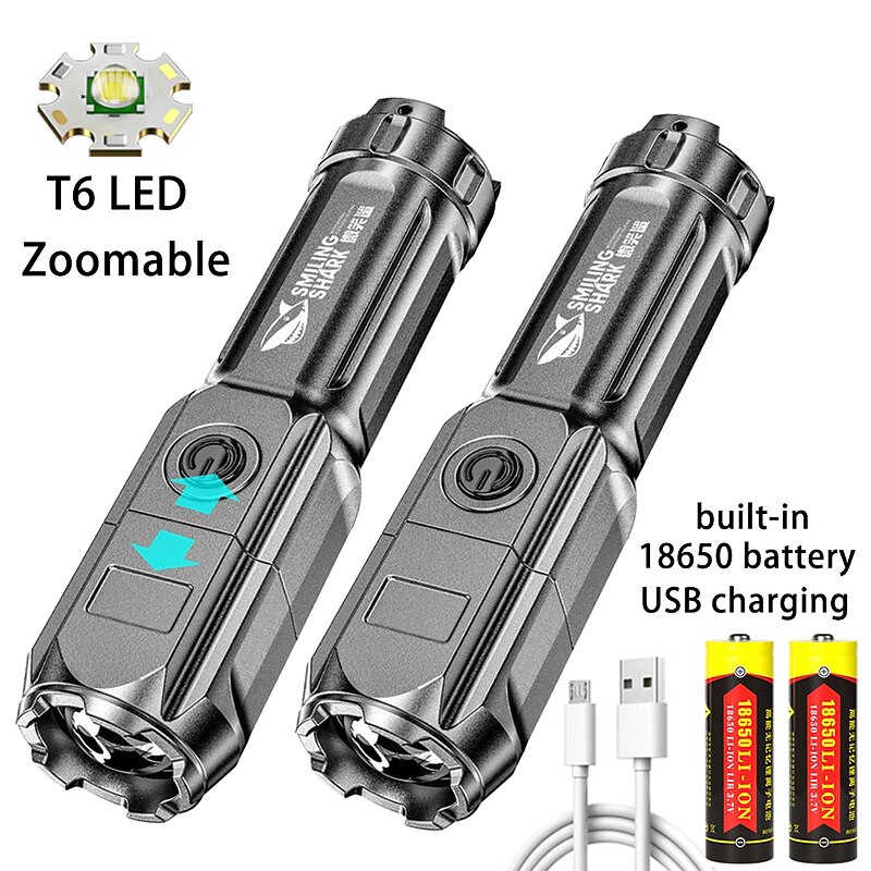 LED Flashlight USB Super Bright Zoomable USB Rechargeable T6 Tactical Torch for Camping Hiking Fishing Outdoor Hunting 3.7V4