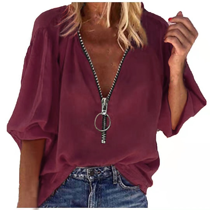 Women's Shirt Blouse Marron Black White Plain Zipper 3/4 Length Sleeve Casual V Neck Regular S2
