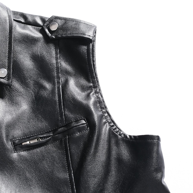 Men's Leather Vest Sports Outdoor Motorcycle Casual Daily Trendy Fall Faux Fur Trim Faux Leather Thermal Warm Rain Waterproof Warm Lightweight Pure Color Zipper Lapel Loose Fit Black Vest4