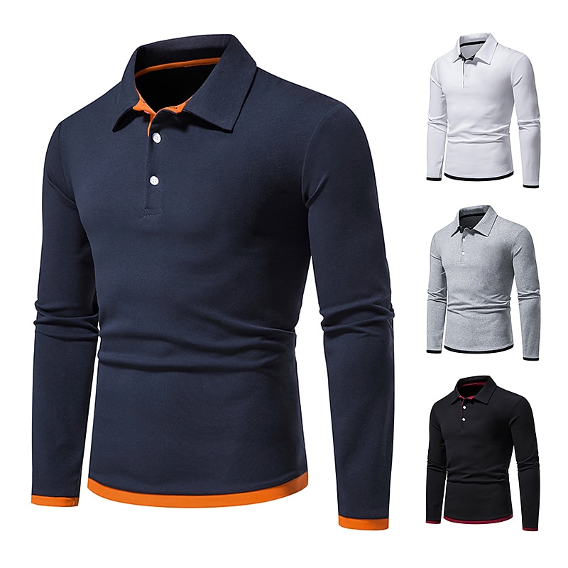 Men's Polo Shirt Golf Shirt Casual Daily Classic Collar Button Down Collar Long Sleeve Casual Color Block Button Front Spring & Summer Regular Fit Black White Navy Blue Light Grey Polo Shirt4