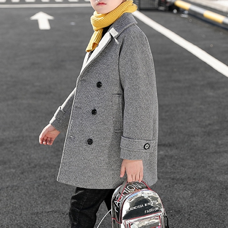 Boys 3D Plain Woolen Coat Long Sleeve Fall Winter Streetwear Basic Kids 4-13 Years Daily Regular Fit2