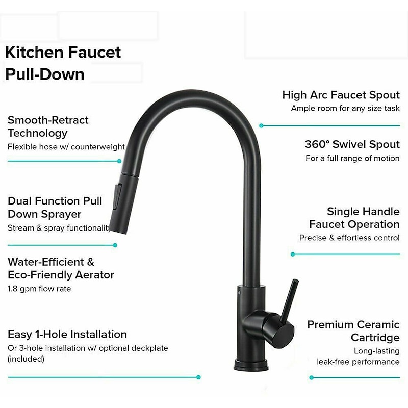 Kitchen Sink Mixer Faucet with Pull Out Sprayer, Stainless Steel Rotatable Vessel Tap, Rainfall/Waterfall Mode Spray Faucet, Black&Silver Kitchen Faucet Tap with Soap Dispenser2