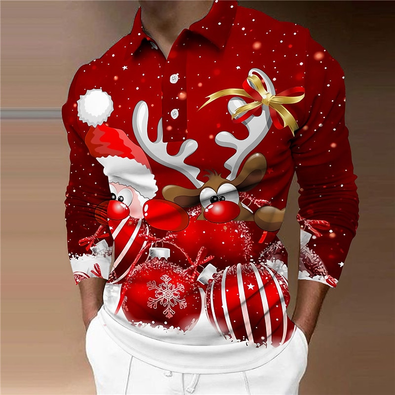 Christmas Men's Santa Claus 3D Zipper Polo Golf Santa Claus Elk Snowflake Turndown Black Light Green Red Blue Dark Green 3D Print Street Casual Long Sleeve Print Zipper Clothing Apparel Fashion
