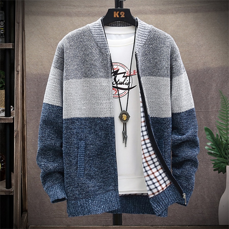 Men's Cropped  Sweater Cardigan Sweater Cardigan Coat Cardigan Jacket Ribbed Knit with Pockets Color Block Color Block Collarless Casual Daily Trendy Casual Daily Clothing Apparel Fall Red Navy Blue3