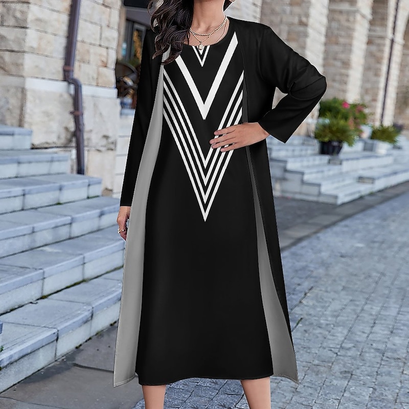 Women's Long Dress Maxi Dress Dress Set Two Piece Dress Church Dress Vacation Casual Winter Dress Holiday Date Loose Fit Color Block Long Sleeve Crew Neck Black and white stripes Fall Winter