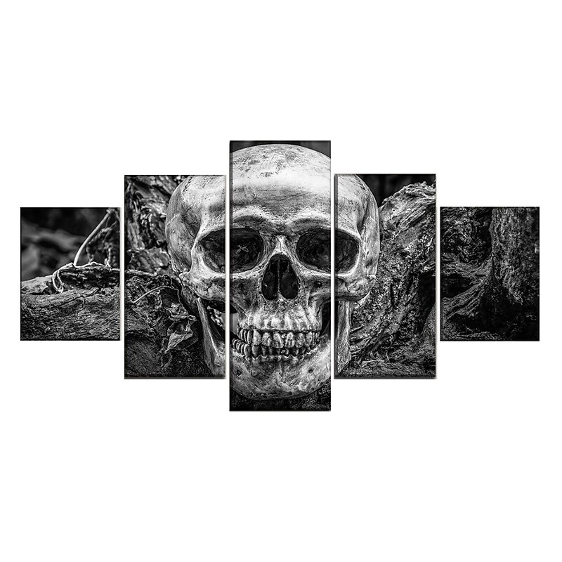 5 Panels Halloween Prints Black Skulls Modern Wall Art Wall Hanging Gift Home Decoration Rolled Canvas Unframed Unstretched Painting Core4