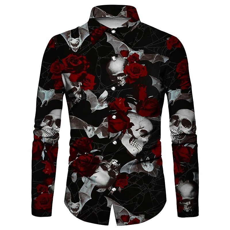 Men's Floral Skull Sunflower Shirt Long Sleeve Fashion Designer Casual Halloween Street Casual Fall & Winter Turndown Print Button-Down Black and Red Wine Black White Yellow