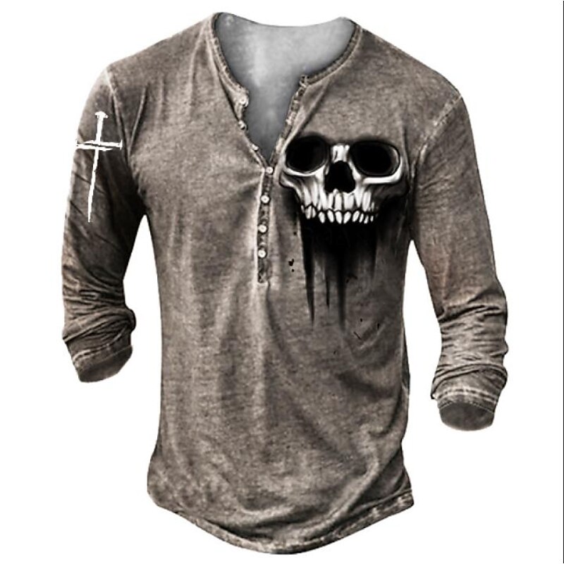 Men's Halloween Graphic Skull T Shirt Henley Shirt Tee Long Sleeve 3D Print Designer Basic Classic Outdoor Daily Sports Spring &  Fall Black White Yellow Brown Gray Henley Henley T-Shirt2