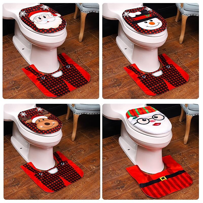 Christmas Toilet Cover Set Bathroom Decoration Creative Cartoon Old Man Snowman Toilet Cover Decoration Two-Piece Hotel Home Decoration