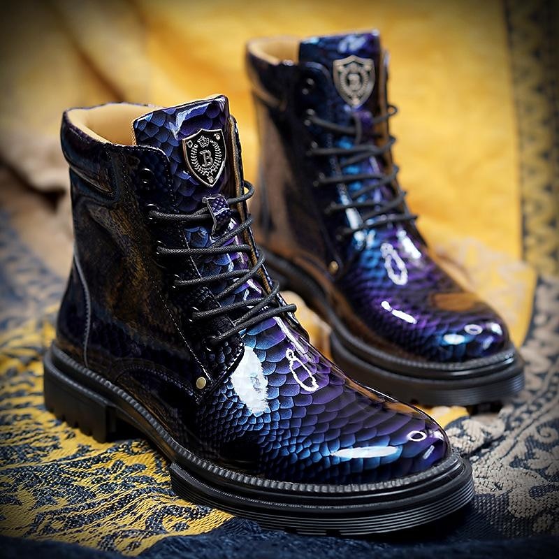 Men's Blue Python-Print Patent Leather Ankle Boots with Lace-Up Design - Bold High-Shine Boots for Fashion-Forward Casual and Night Out Looks2