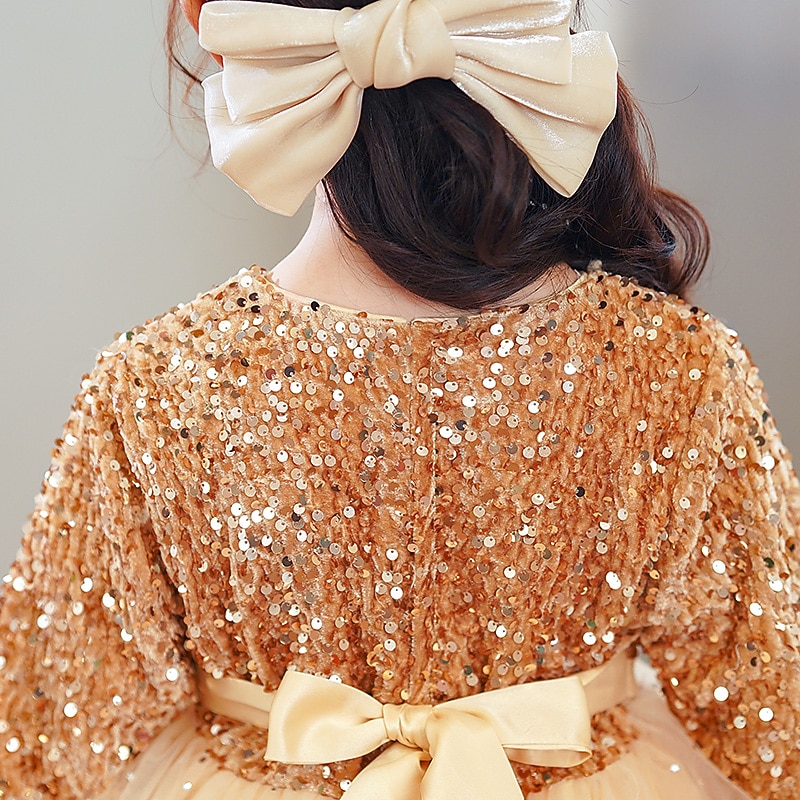 Kids Girls' Dress Sequin Long Sleeve Party Sequins Princess Sweet Polyester Midi Spring Fall 4-13 Years Red Gold3