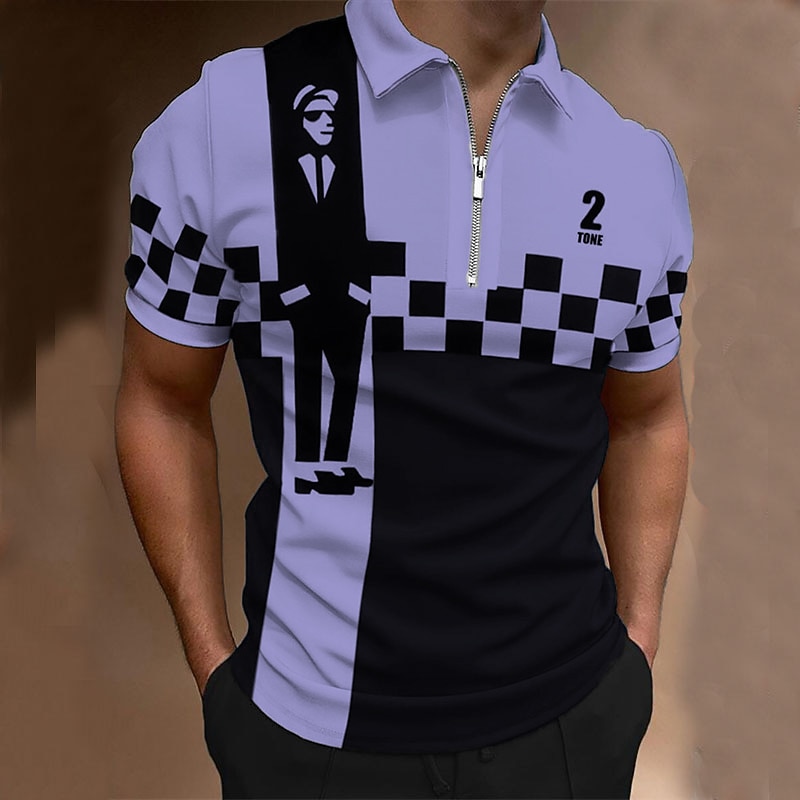 Music Festival Men's Plaid Music Zip Polo Shirts Golf Shirt Short Sleeve Polo Shirts Collared Shirts Casual Vacation Wear Festival Wear Party Outfits 3D Print Quarter Zip Polo Black-White Yellow Blue4