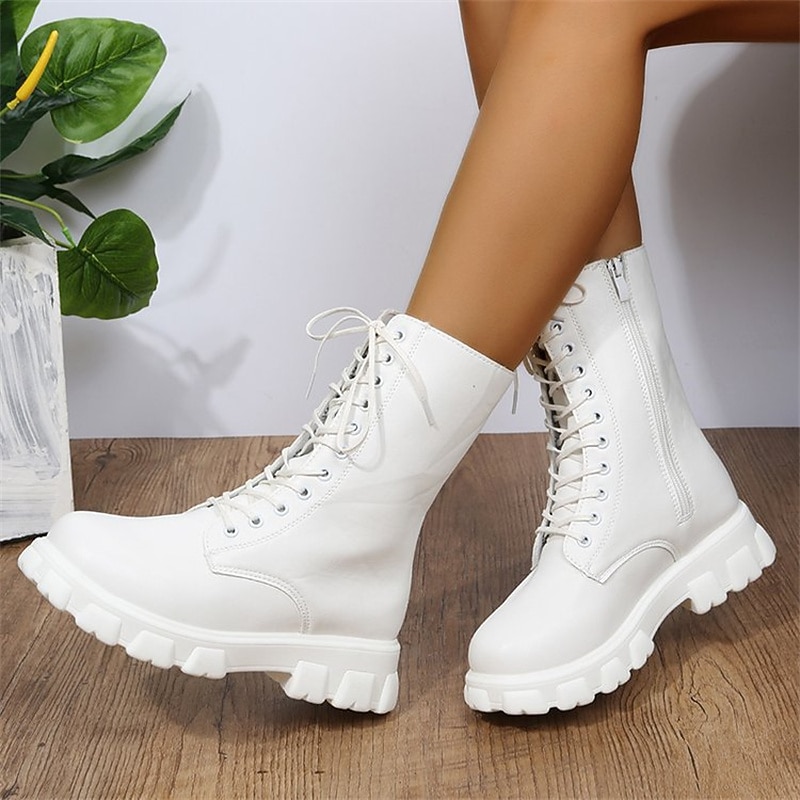 Women's White Combat Boots with Chunky Lug Sole, Lace-Up Mid-Calf Boots for Casual Streetwear, Outdoor Walking and Fall Winter Outfits2