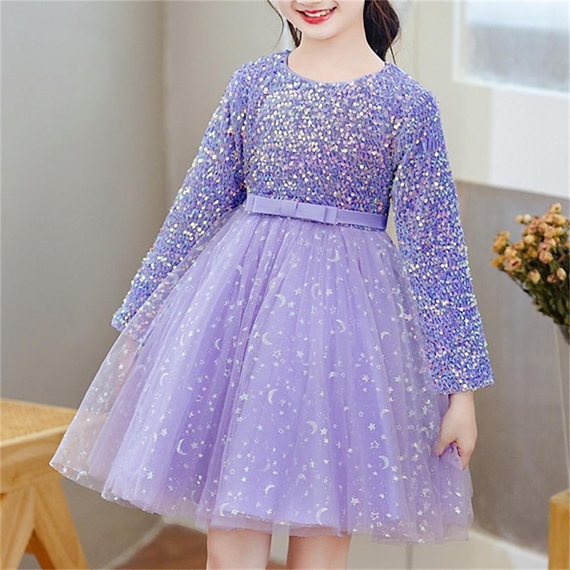 Kids Girls' Dress Solid Colored Long Sleeve Party Daily Sequins Bow Elegant Cute Polyester Knee-length Tulle Dress Spring Fall Winter 3-12 Years Purple3